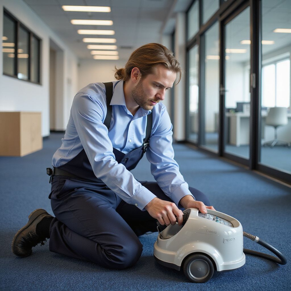 Man kneels on carpet, operating a steam cleaner in an office hallway.