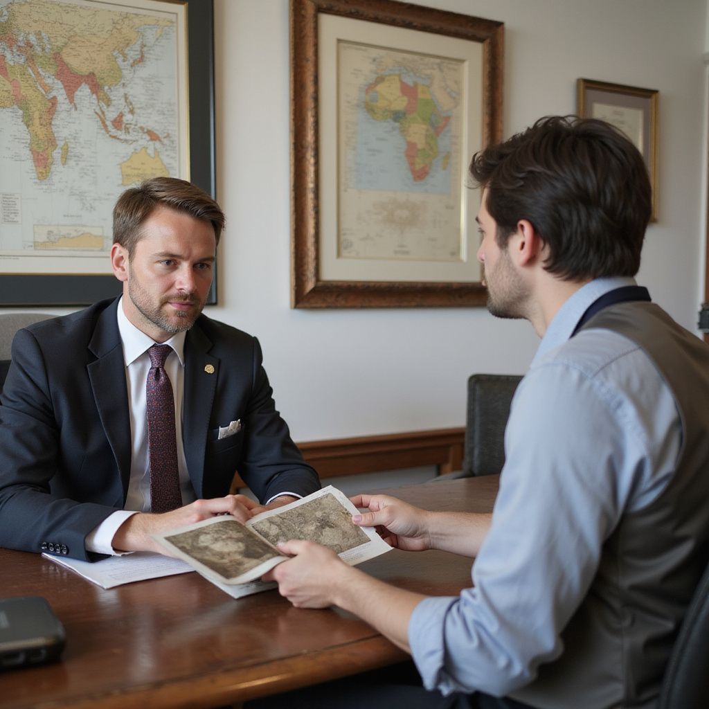Two men seated at a table, looking at old maps. One in a suit, the other in a vest. Room with framed maps.