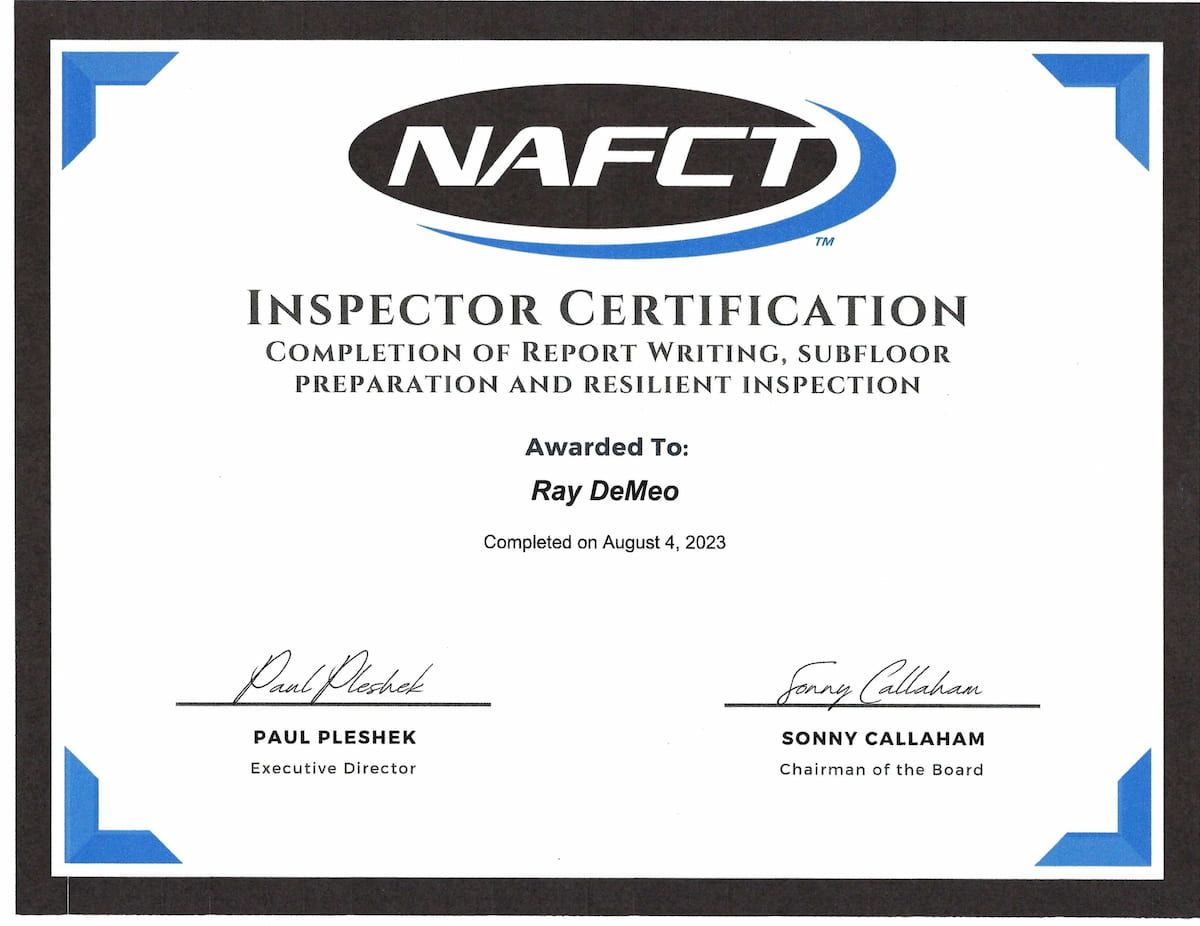 Certificate for Ray Dale, awarded for inspector certification by NAFCT, with signatures and a black frame.