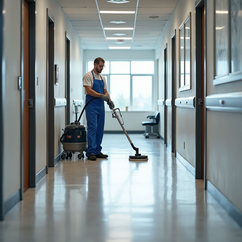 Person in blue overalls vacuuming a hospital hallway. Shiny floor, doors on both sides, and window at the end.