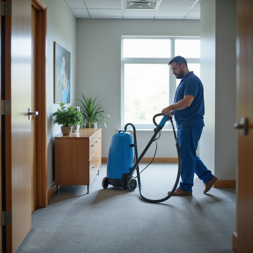 Man vacuuming carpet in an office hallway with cleaning machine; a credenza and window are visible.