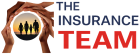Hands form a circle protecting a family silhouette at sunset next to the text "THE INSURANCE TEAM."