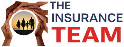 Hands form a circle protecting a family silhouette at sunset next to the text "THE INSURANCE TEAM."