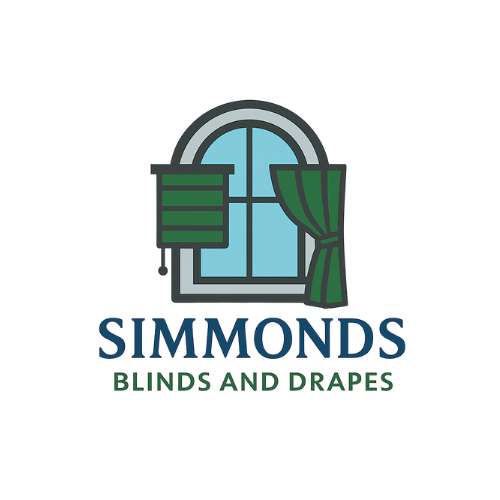 Logo for Simmonds Blinds and Drapes, featuring a window with a green blind and curtain, in a blue and white setting.