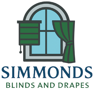 Logo of Simmonds Blinds and Drapes, featuring a window with a green blind and curtain.