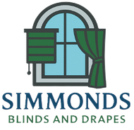 Logo of Simmonds Blinds and Drapes, featuring a window with a green blind and curtain.