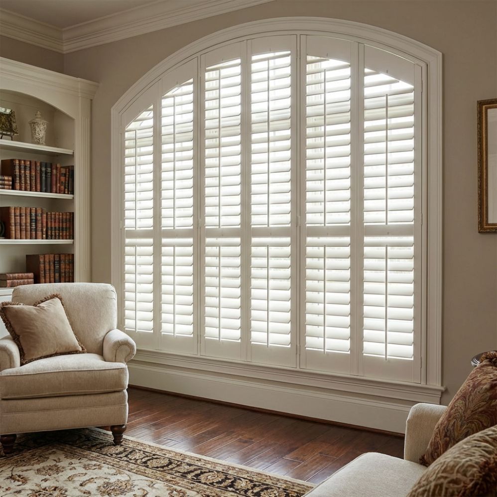 Arched window with white plantation shutters in a cozy living room with a bookshelf and armchair.