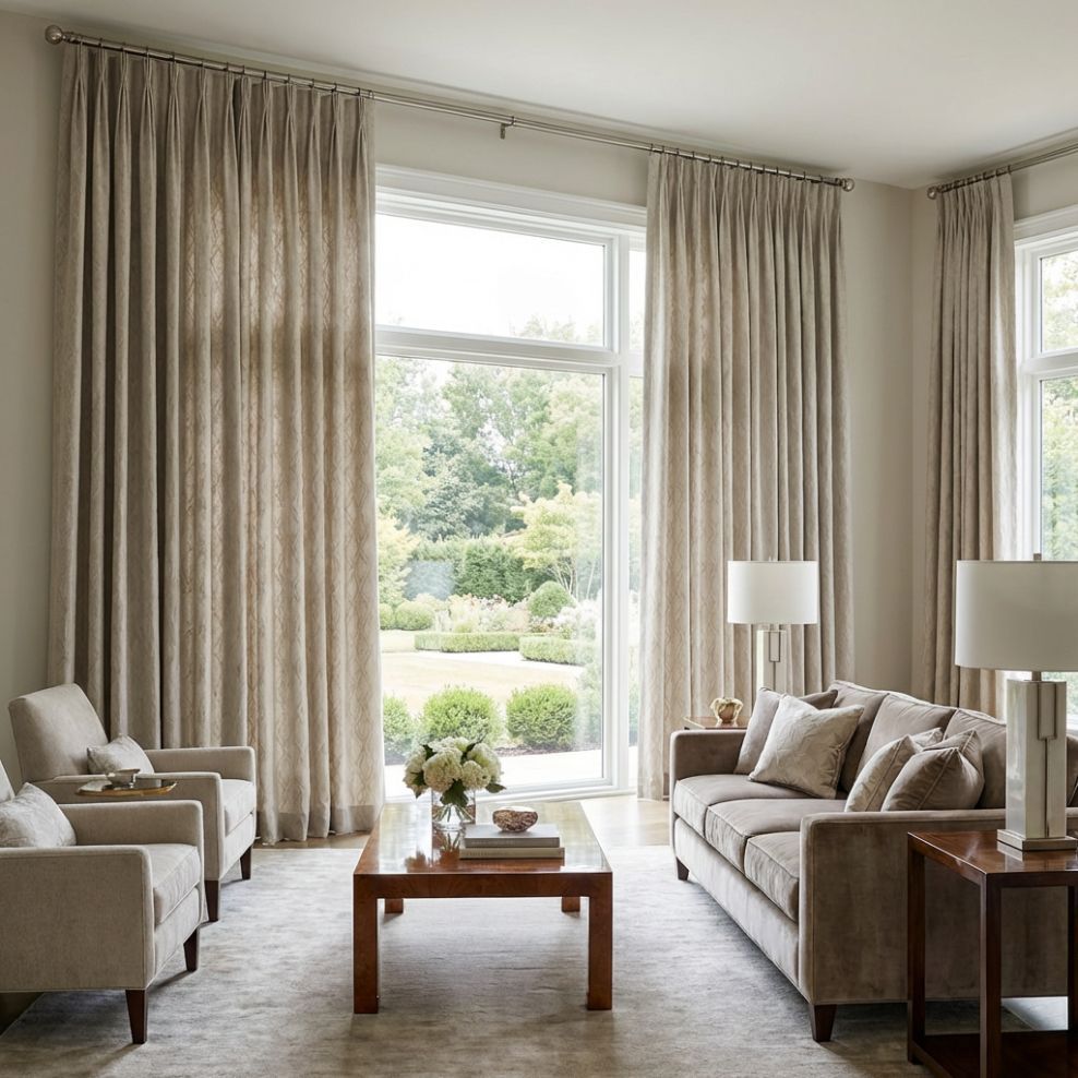 A bright, neutral-toned living room with floor-to-ceiling beige curtains, a plush sofa, two armchairs, and a coffee table.