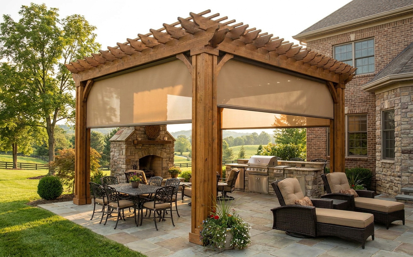 Patio gazebo with exterior patio shades, outdoor dining table, and seating beside a stone house.