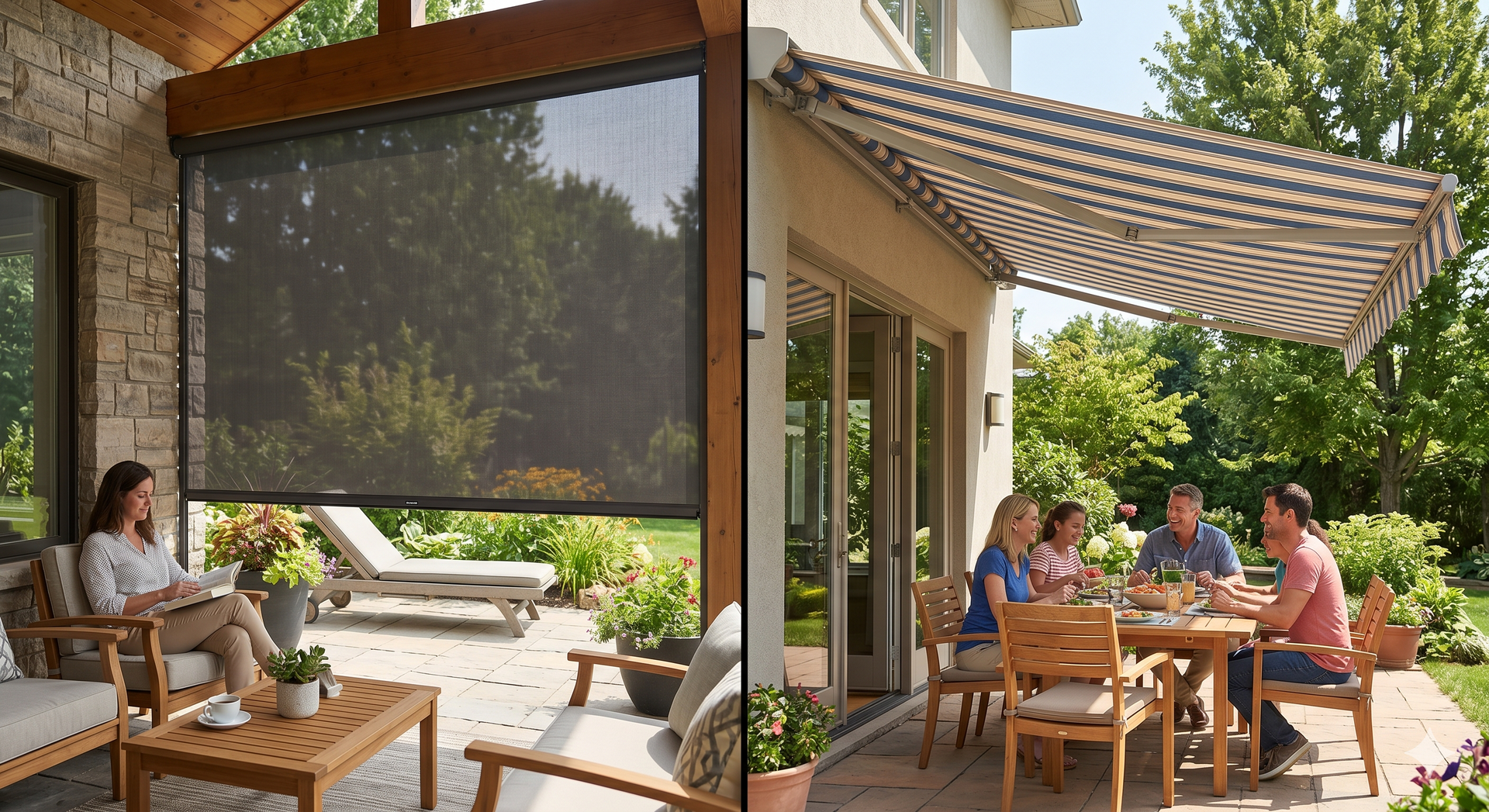 Outdoor patio with people seated at tables under a shaded awning, surrounded by greenery