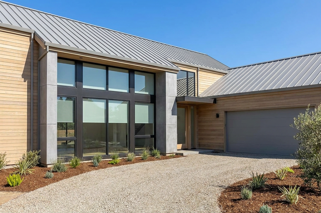 Modern house exterior and bright interior rooms with large black-framed windows and metal roof