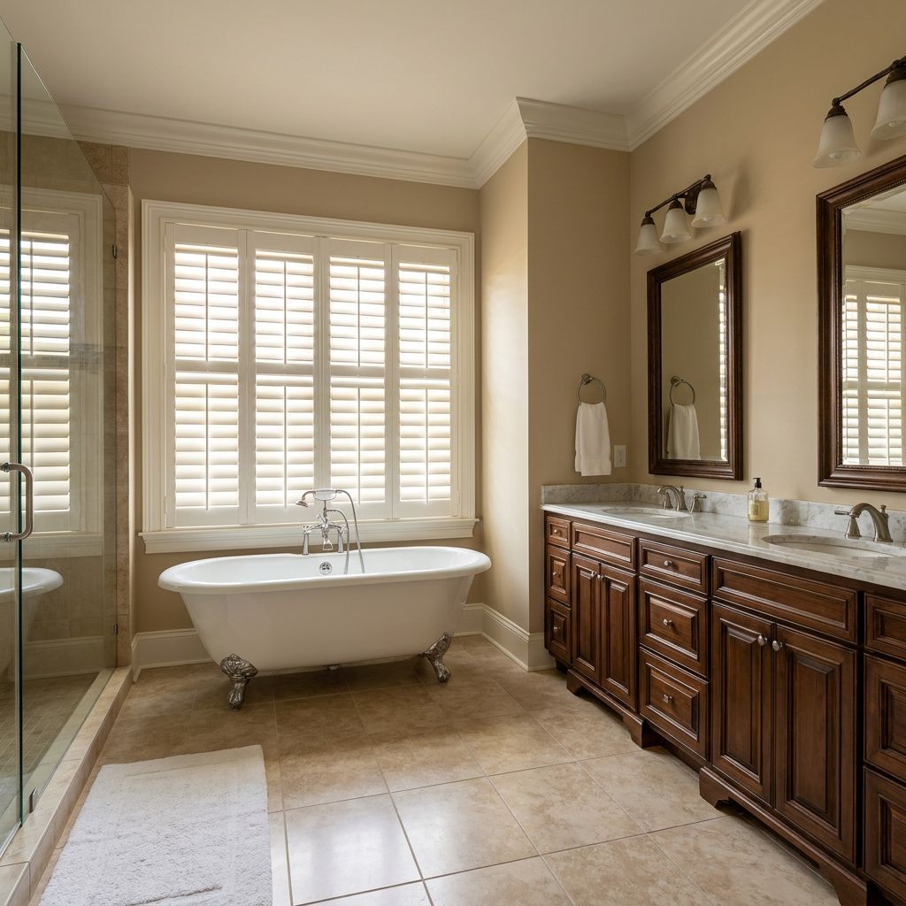 Elegant beige bathroom with clawfoot tub, double vanity, large mirrors, and plantation shutters