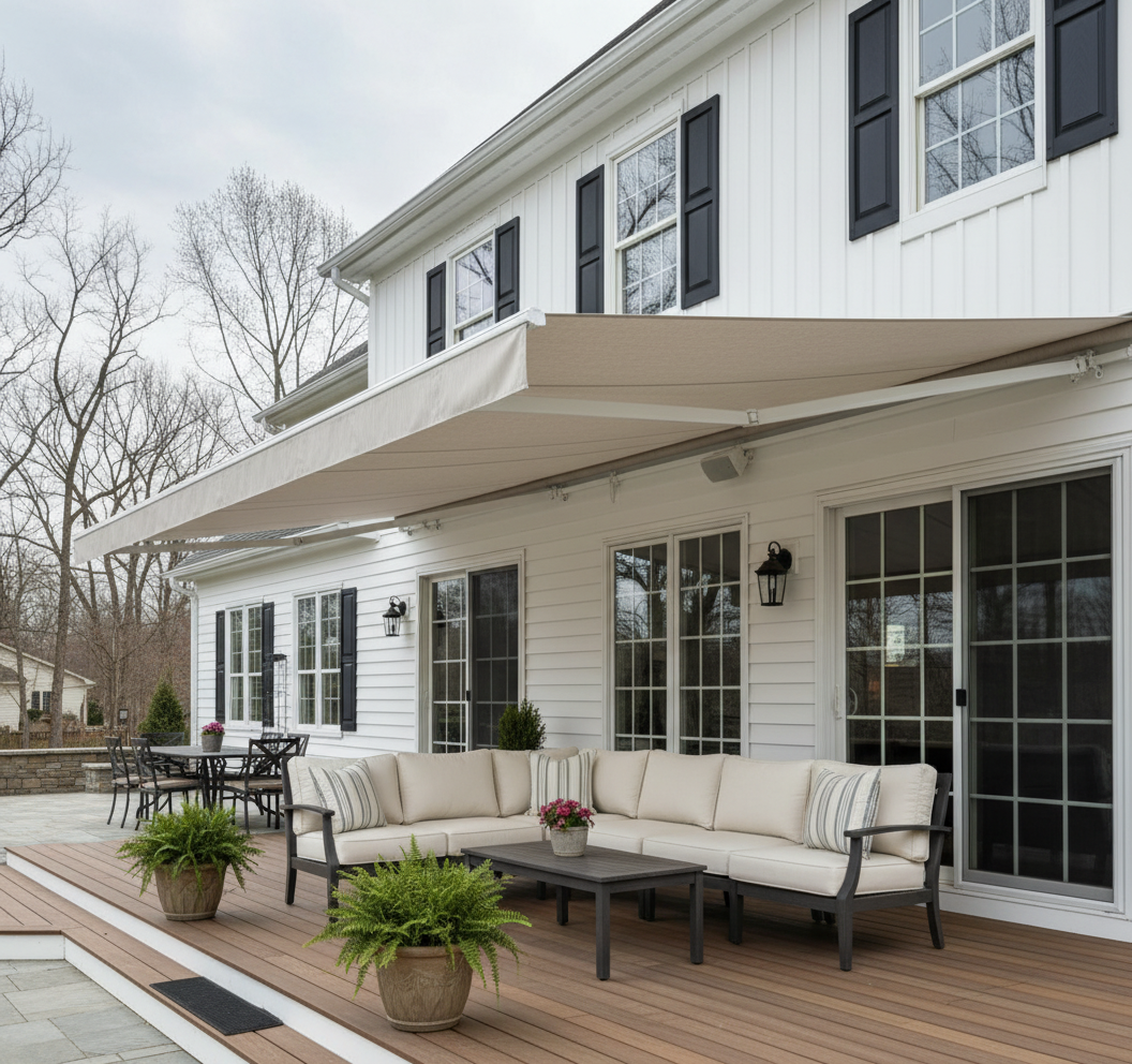 A retractable awning hangs over an elegant patio - simmonds blinds and drapes 
