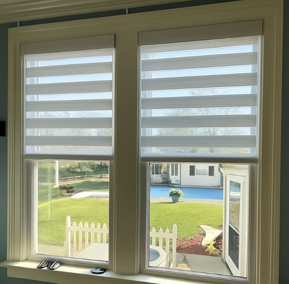 Two windows with striped blinds, overlooking a green yard and house.