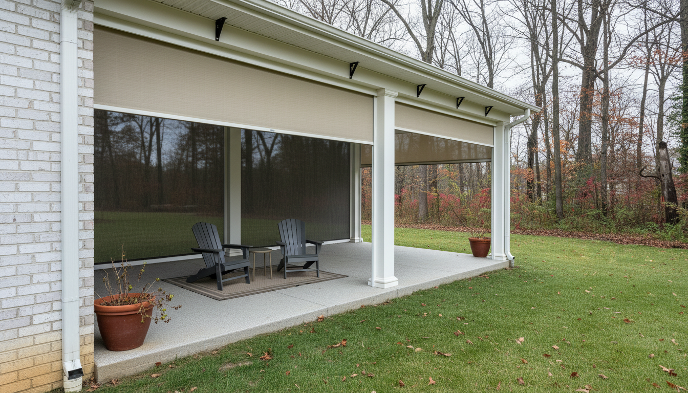 A patio in fall is made cozy with exterior patio shades - simmonds blinds and drapes, ky
