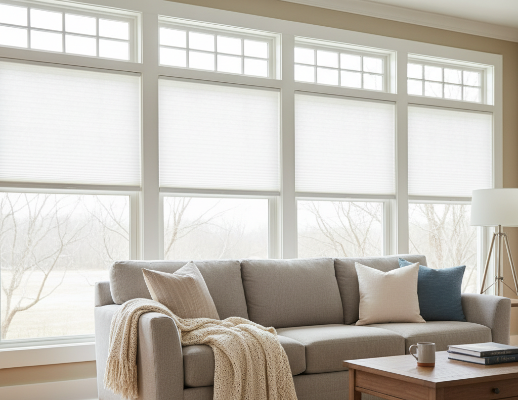 a Kentucky home in winter, showing large residential windows - simmonds blinds and drapes, ky