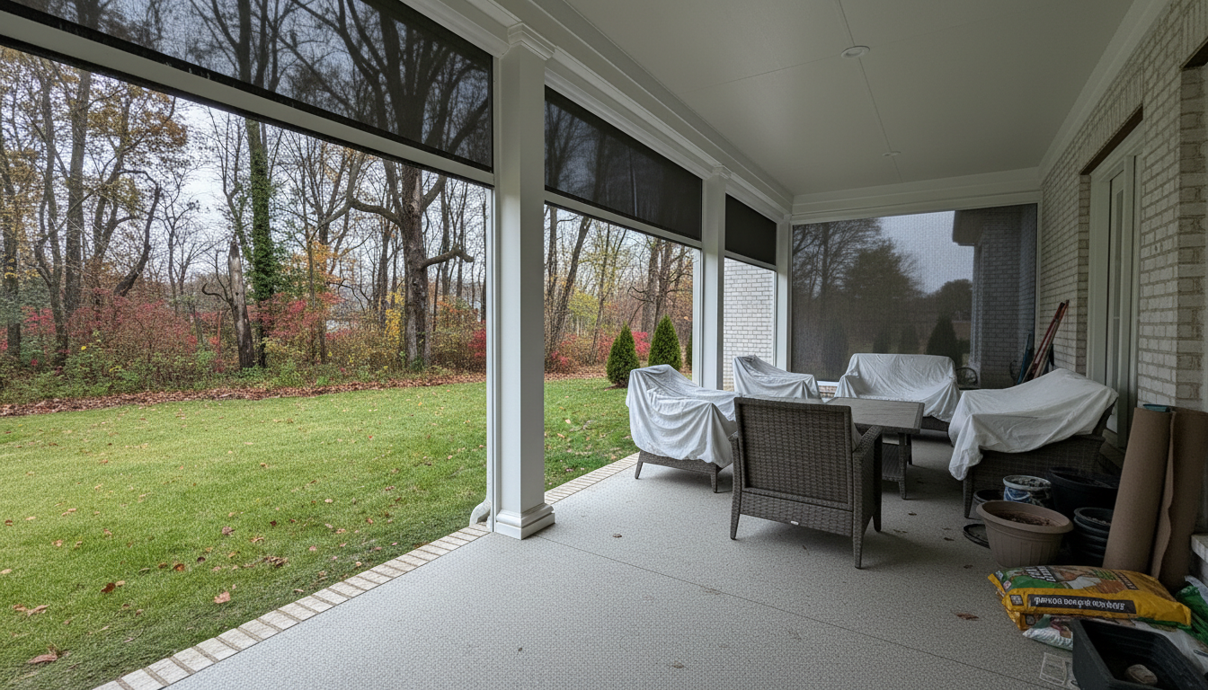 A patio in winter has exterior patio shades