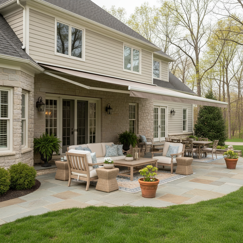 An outdoor awning shades a patio in early morning light - simmonds blinds and drapes, ky