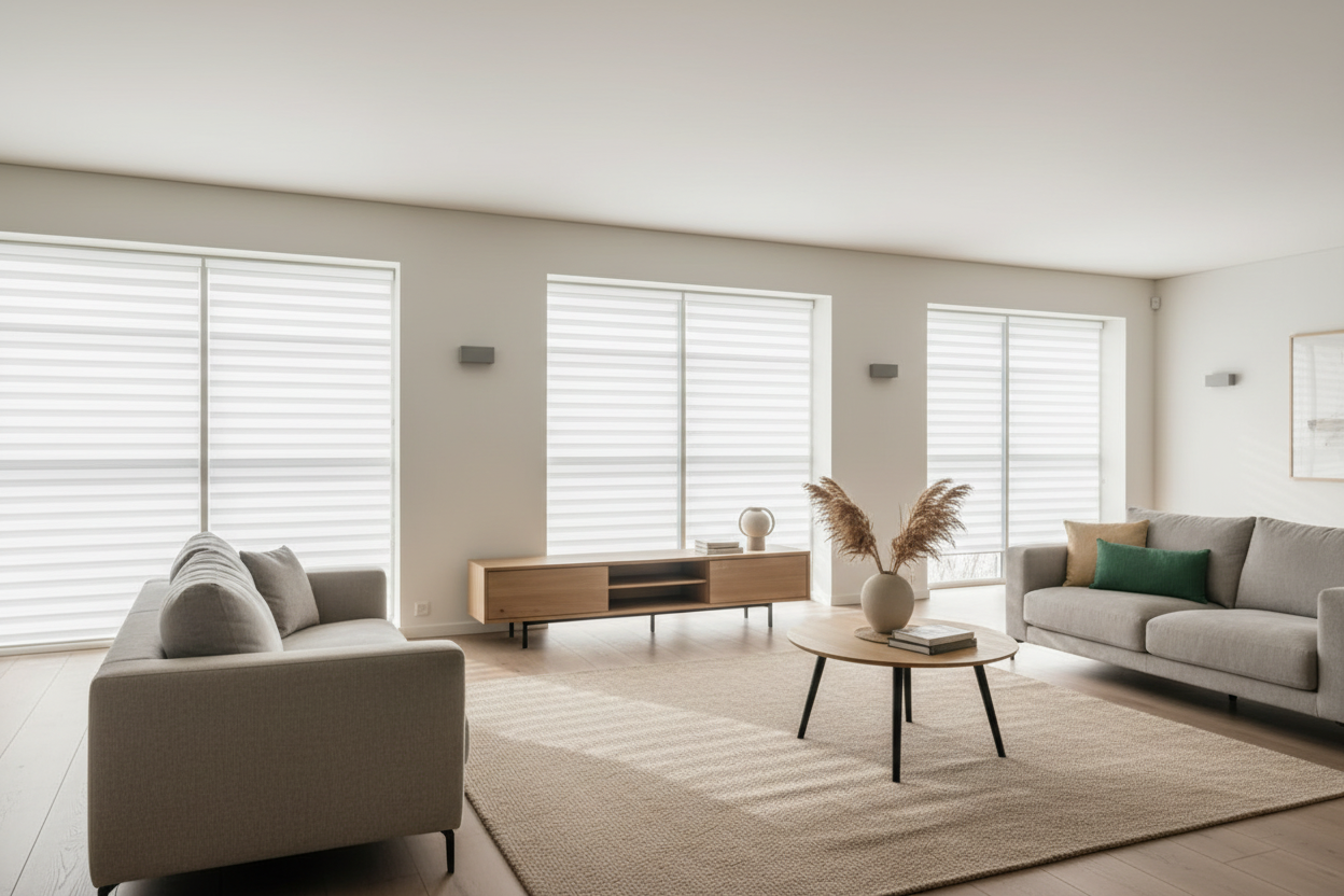 A large living room has honeycomb shades on the windows - simmonds blinds and drapes