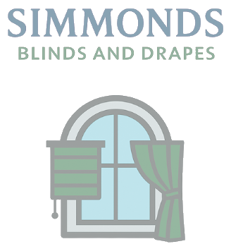 Logo for Simmonds Blinds and Drapes, featuring a window with a green blind and curtain.