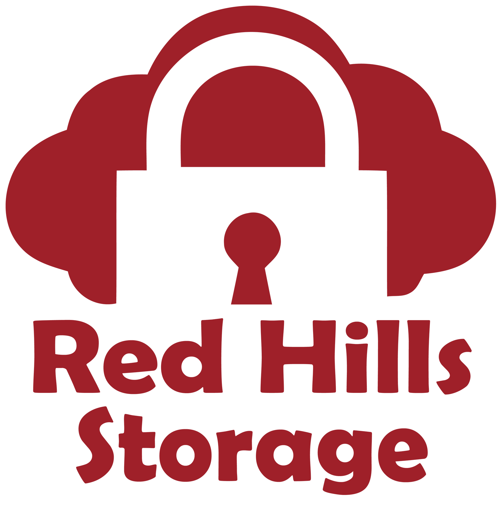 A red and white logo for red hills storage