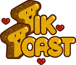 Due fette di pane tostato sorridenti con cuori, la parola 