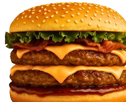 Cheeseburger doppio con pancetta e lattuga su un panino ai semi di sesamo.