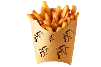 Patatine fritte in un contenitore di carta marrone con un motivo ripetuto di toast e cuori.