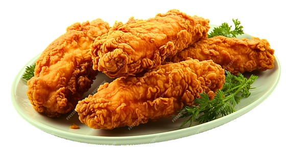 Striscioline di pollo fritte e dorate su un piatto verde chiaro, guarnite con prezzemolo.