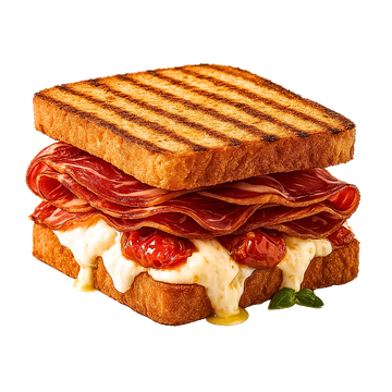Panino grigliato con prosciutto e formaggio fuso.