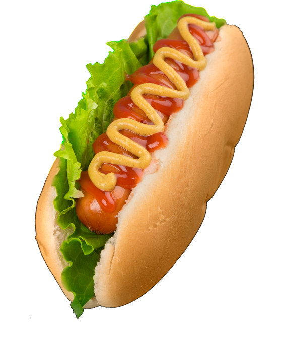 Hot dog su un panino con ketchup, senape e lattuga.