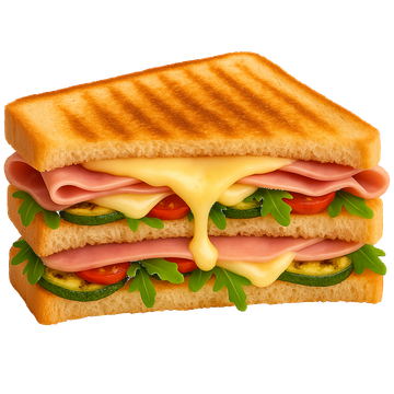 Panino con prosciutto e formaggio tostato, formaggio fuso e verdure.