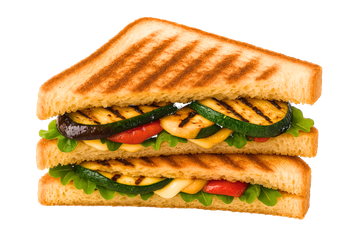 Panino con verdure grigliate, zucchine, pomodori e melanzane, su pane tostato.