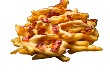 Patatine fritte con formaggio fuso e pezzetti di pancetta.