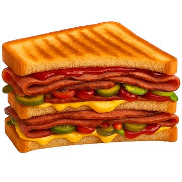 Panino grigliato a tre strati con carne, formaggio, sottaceti, pomodori e salsa tra pane tostato.