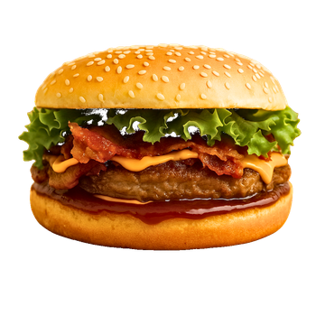 Hamburger con panino ai semi di sesamo, pancetta, lattuga e salsa.