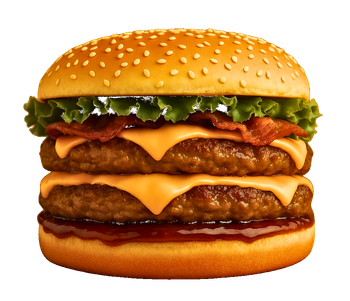 Cheeseburger a due piani con pancetta, lattuga e panino ai semi di sesamo su sfondo bianco.