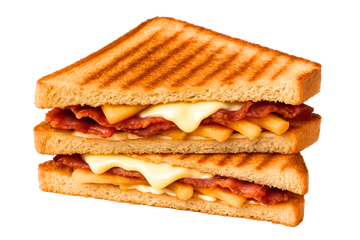 Panino grigliato con pancetta, formaggio e patatine fritte, impilati su bianco.