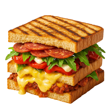 Panino grigliato con salame, peperoni, formaggio e rucola.