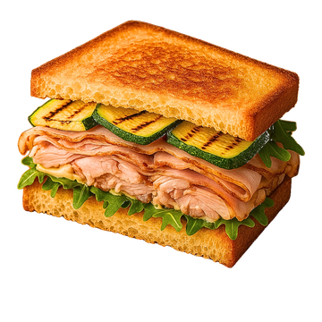 Panino tostato con zucchine grigliate, rucola e carne affettata.