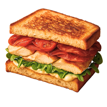 Panino tostato con pollo, pancetta, pomodoro e rucola, su sfondo bianco.