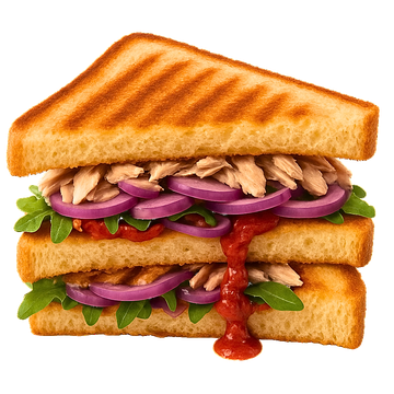 Panino al tonno su pane tostato, farcito con cipolla rossa, rucola e salsa rossa.