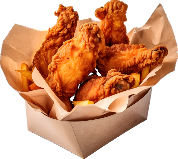 Alette di pollo fritte e patatine fritte in una scatola di carta.