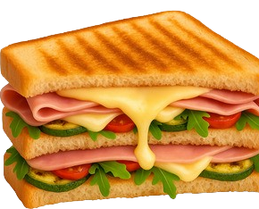 Panino con prosciutto e formaggio grigliato, formaggio fuso, rucola e pomodori.