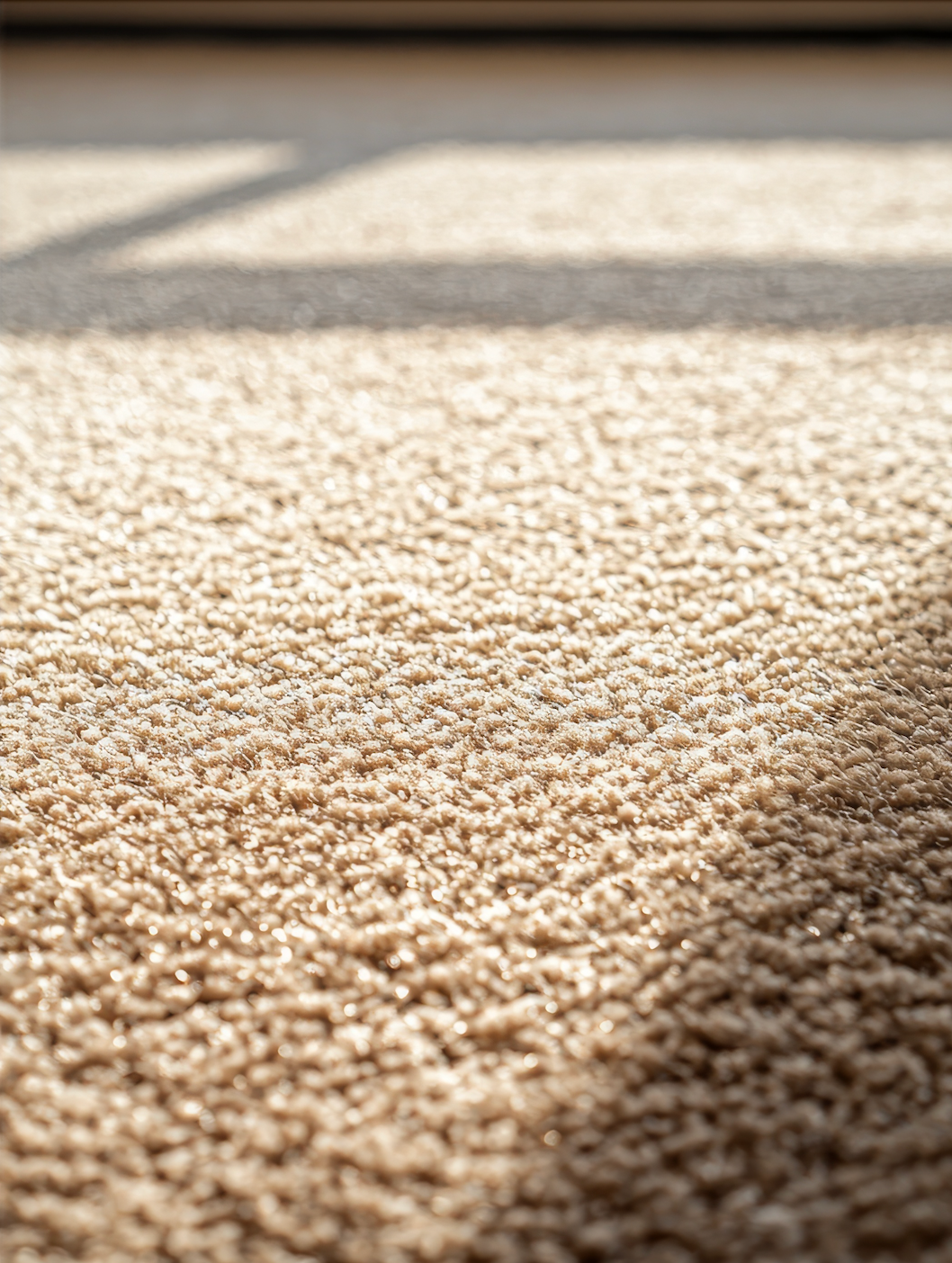 Close-up of tan carpet with sunlight and shadow.