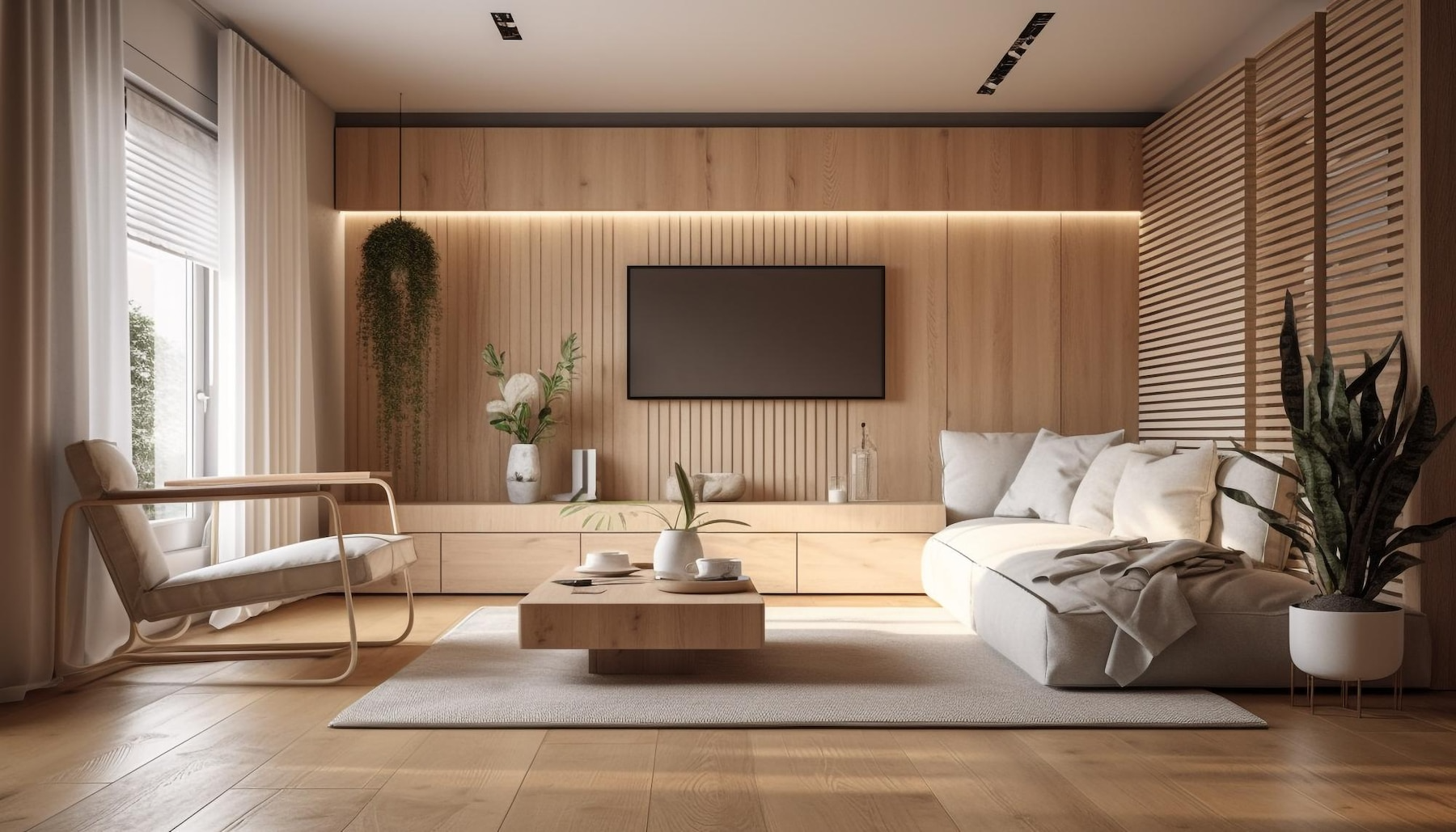 Cozy living room with wooden paneling, light-colored sofa, armchair, plants, and a TV.
