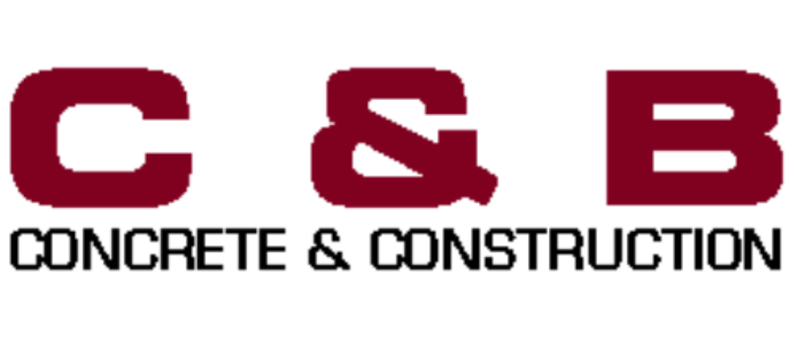 Logo for C & B Concrete & Construction, dark red letters and text on white background.