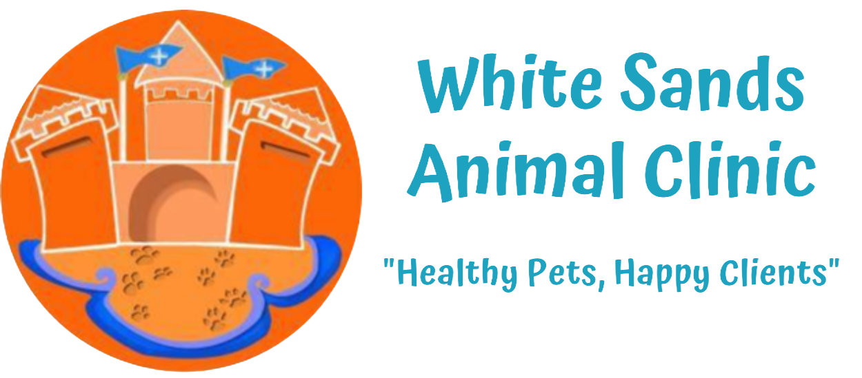 Logo for White Sands Animal Clinic, featuring a cartoon orange castle on a beach with blue accents. Text reads, 