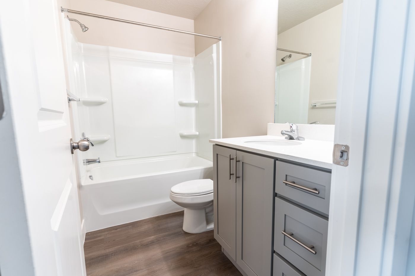Bathroom with a tub/shower combo, toilet, and gray cabinet vanity.