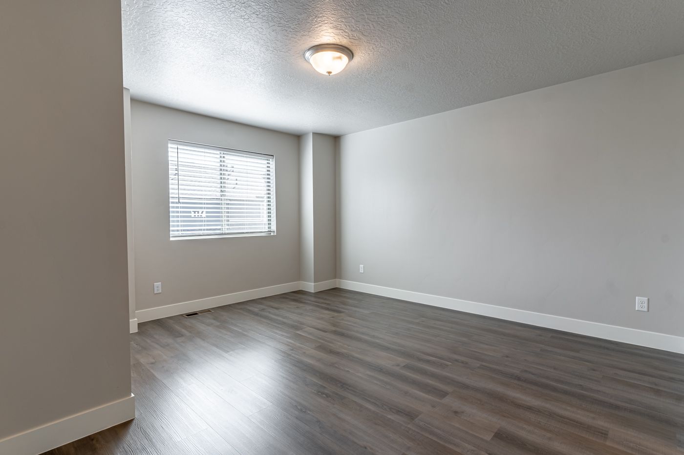 Empty living room with a window, gray walls, and wood-look flooring.